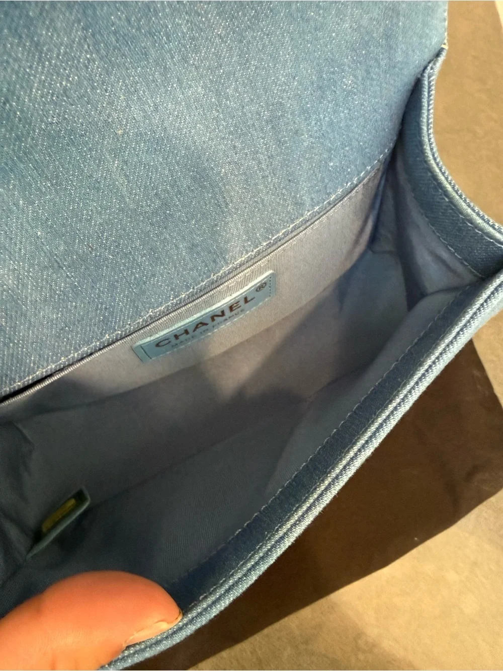 CHANEL Pleated Blue Denim Small Boy Bag with Champagne Gold Hardware